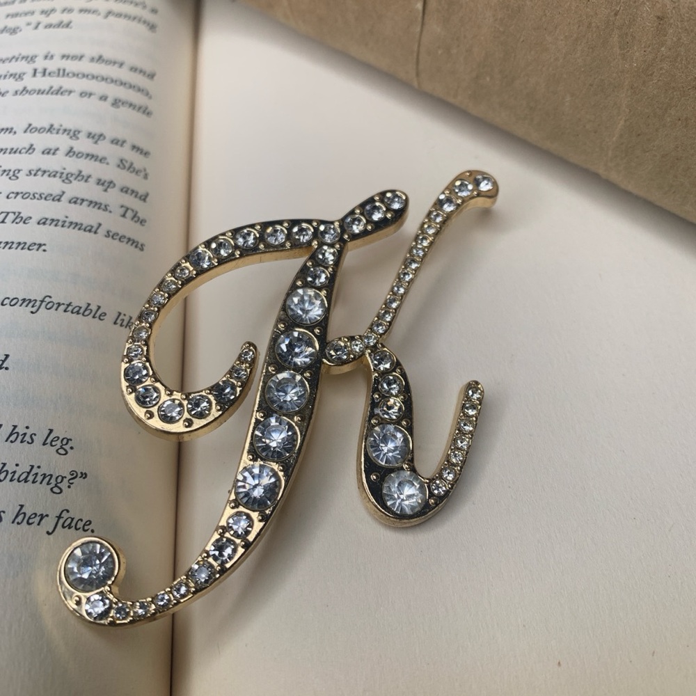 Gold Initial K Brooch with Rhinestones